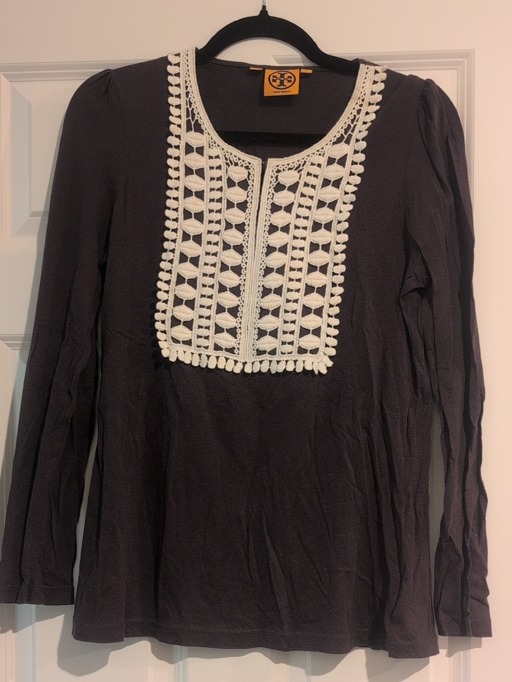 Tory Burch Brown Long-Sleeve Top with White Crochet Bib
